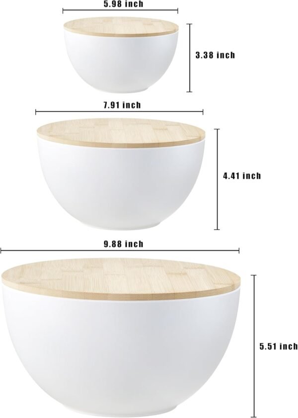 Large Salad Bowls with Lid & Serving Utensils, Set of 3 Bamboo Fiber Mixing Bowls Set for Serving Salads, Kitchen Eating, Pastas, Popcorn, Chips, Fruit, Food Prepare (WHITE) - Image 4