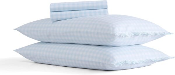 Shabby Chic® - King Sheets, Soft & Breathable Organic Cotton Bedding Set, Classic Style Home Decor with Ruffled Pillowcases (Gingham Blue, King) - Image 3