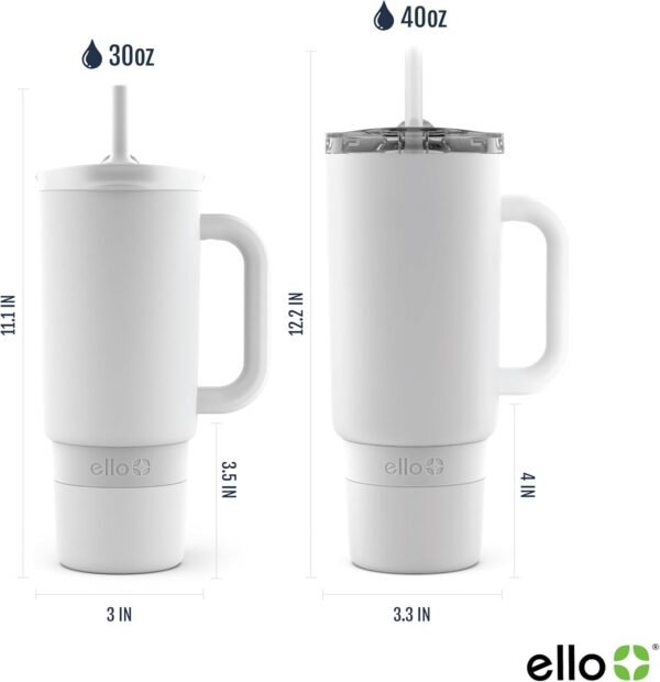 Ello Port 30oz Tumbler with Carry Loop & Integrated Handle | Vacuum Insulated Stainless Steel Reusable Water Bottle Travel Mug | Leak Proof Lid | Flexible Straw | BPA-Free | Dishwasher Safe | White - Image 4