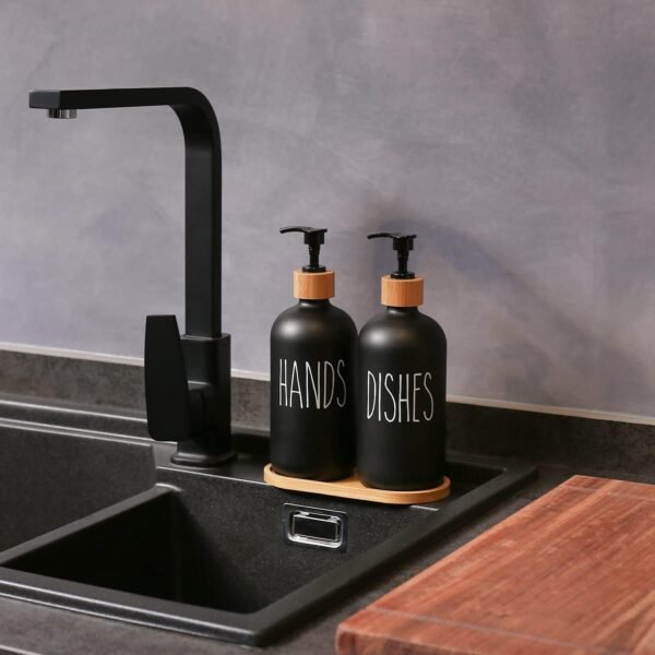 MOMEEMO Matte Black Glass Soap Dispenser Set - Hand and Dish Soap Dispensers Suitable for Rustic Kitchen Decor (Black) - Image 2