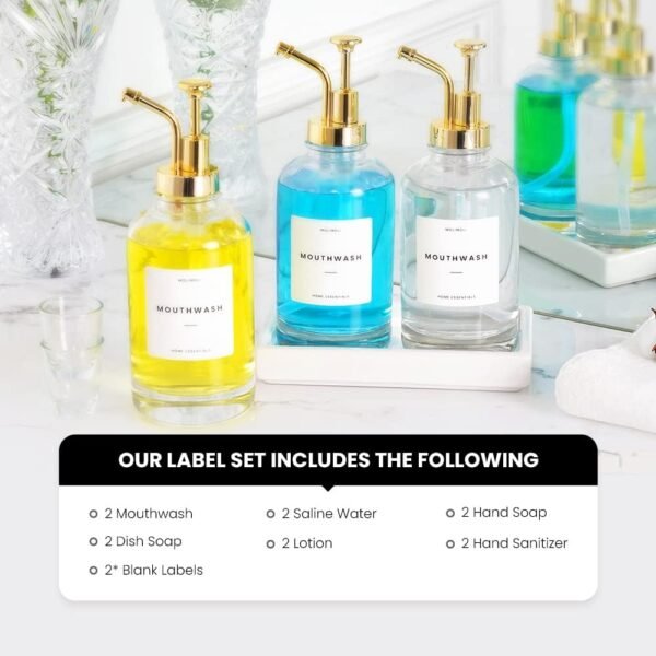 Molimoli Hand Bathroom Soap Dispenser Set, Glass Mouthwash Dispenser for Bathroom, Dish Soap Dispenser for Kitchen Sink, Soap Dispenser Pump, 500ml/16.9 Oz, Set of 2, Gold - Image 3
