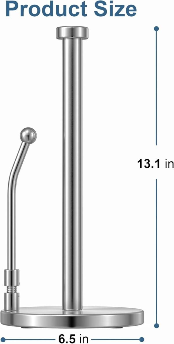 SMARTAKE Paper Towel Holder, Paper Towel Dispenser Standing Weighted Base Non Slip, Spring Arm for Easy Tear, Stainless Steel Paper Towel Holder for Home Kitchen Countertop Tabletop, Silver - Image 3