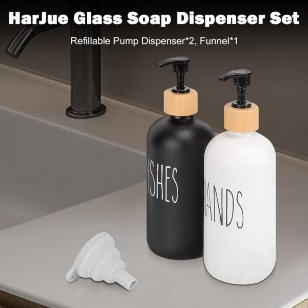 HarJue Glass Soap Dispenser Set, Refillable Dish Soap Pump Dispenser, 2×Hand Soap Dispenser, Kitchen Bathroom Counter Shampoo Conditioner Dispenser (Pump Dispenser Only) - Image 3