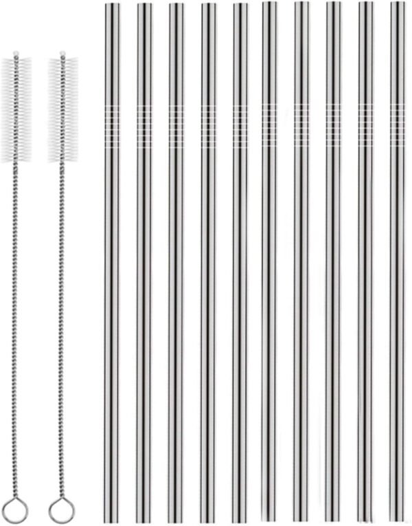 Set of 10 Stainless Steel Straws, HuaQi Straight Reusable Straight Drinking Straws 10.5'' Long 0.24‘’ Dia for 30 oz Tumbler and 20 oz Tumbler, 2 Cleaning Brush Included