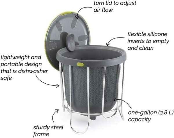 Polder Kitchen Composter-Flexible Silicone Bucket inverts for Emptying and Cleaning - no Need to Touch Contents- Adjustable lid for Ventilation & Airflow Control, Gray/Green - Image 7