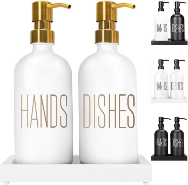 Soap Dispenser Set, Contains Hand Soap Dispenser and Dish Soap Dispenser for Kitchen， Glass Soap Dispenser with Stainless Steel Pump，for Luxury Gold Kitchen Counter Decor，（White） - Image 2