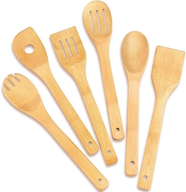 IOOLEEM Bamboo Wooden Spoons for Cooking 6 Pcs 12Inch,Non-Stick Wooden Kitchen Utensils Set,Natural and Durable Wooden Spatula Spoons for Non-Stick Pan for Cooking