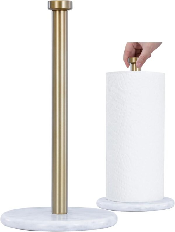 Paper Towel Holder with Marble Base - 13" x 7" Upright Paper Roll Dispenser with Heavy Non-Slip Base for Easy One-Handed Tear - for Countertops, Cabinets, and Bathrooms (White Marble Base, Gold)