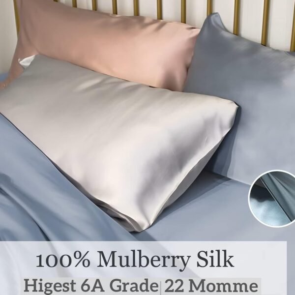 Organic Silk Pillowcase for Hair and Face Made in USA, Real 22 Momme Mulberry Silk Pillow Case, Cooling Anti Wrinkle Silk Pillow Cover, Hypoallergenic, Anti Aging (Blue Grey, Queen) - Image 2