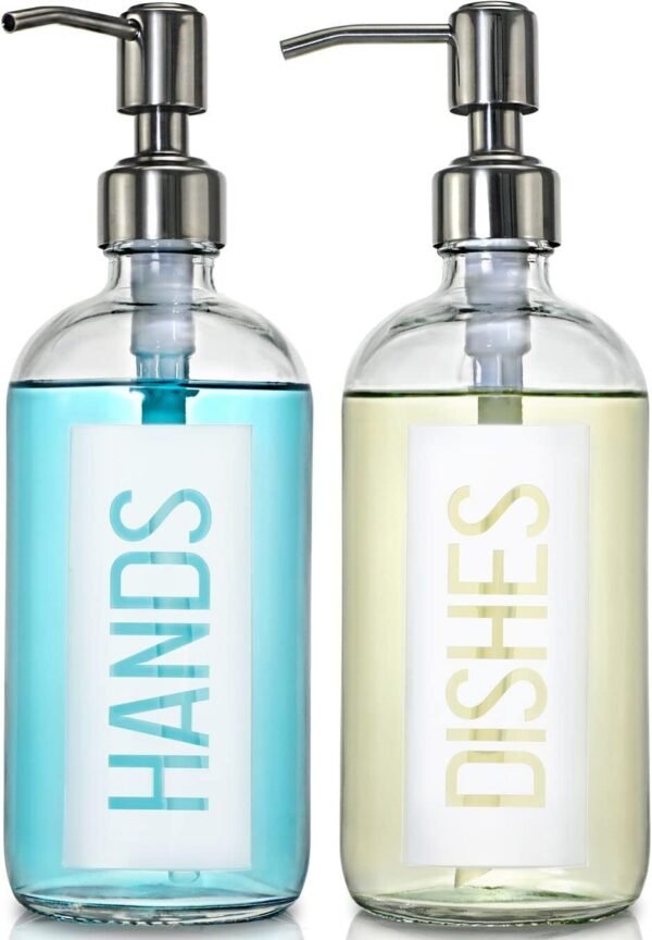 JASAI 2Pack 18OZ Glass Soap Dispenser with Rustproof 304 Stainless Steel Pump, Kitchen Soap Dispenser with Hands & Dishes Label, Refillable Dish Soap Dispenser for Kitchen (White)