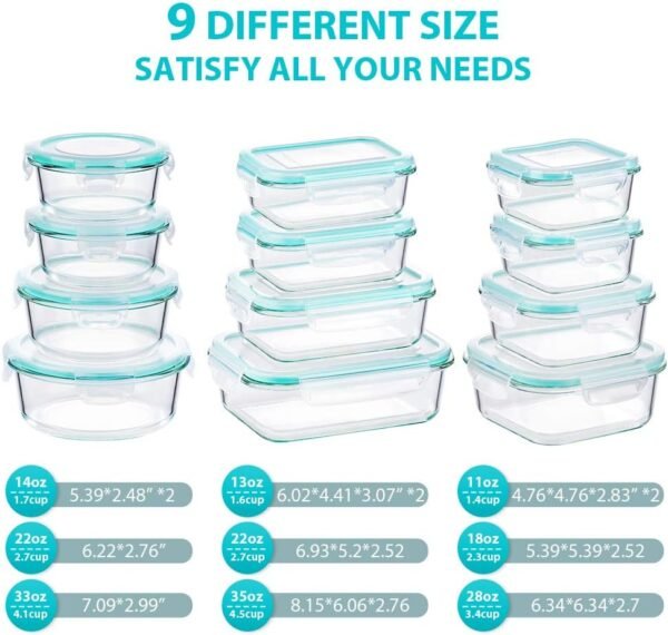 Bayco Glass Food Storage Containers with Lids, [24 Piece] Meal Prep, Airtight Bento Boxes, BPA Free & Leak Proof (12 lids & 12 Containers) - Blue - Image 2