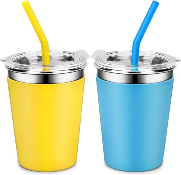 Ymmy Sam 2pcs Stainless Steel Kids Cups Spill-proof Tumblers with Silicone Straws 12oz Kids Cups with Lids Straws Unbreakable Metal Cups with Heat-insulated Sleeves