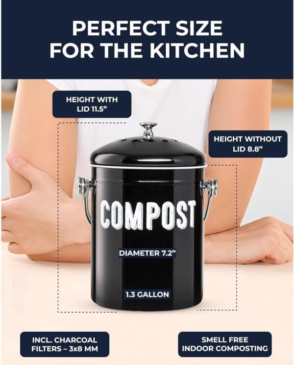 Granrosi Countertop Compost Bin Kitchen - 1.3 Gal Indoor Compost Bucket with Lid for Kitchen; Farmhouse Rust Proof & Odorless Kitchen Compost Bin for Countertop; 3 Charcoal Filters; Small Compost Bin - Image 5