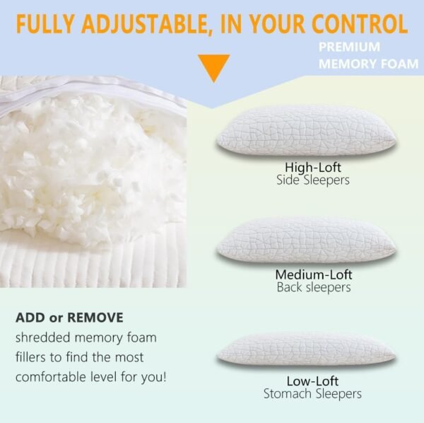 Shredded Memory Foam Pillows - Queen Size Set of 2,Adjustable Bed Pillows for Side Back Stomach Sleepers,Comfy Cooling Pillows for Sleeping with Washable Cover - Image 3