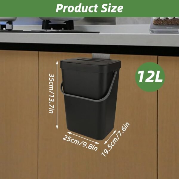 1Pcs Hanging Trash Can with Lid, 12L Kitchen Compost Bin with Lid, Plastic Large Hanging Garbage Can Under Sink for Kitchen, Bathroom, Cabinet Door(Black)
