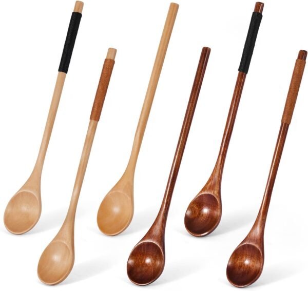 Wooden Spoons for Cooking,Wood Mixing Stirring Seasoning Spoons for Baking,Long Handle Wood Creative Coffee Spoon Ice Cream Dessert Spoon,Set of 6