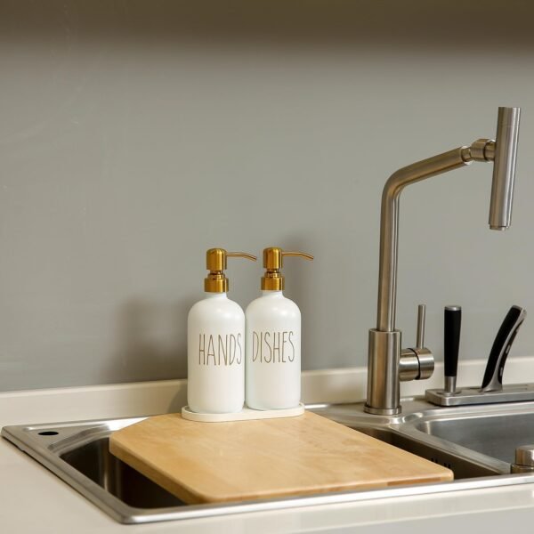 MOMEEMO Kitchen Soap Dispenser Set, Glass Soap Dispenser with Stainless Steel Pump, Contains Dish Soap Dispenser, Hand Soap Dispenser, and Tray Suitable for Kitchen Counter Decor. (White) - Image 5