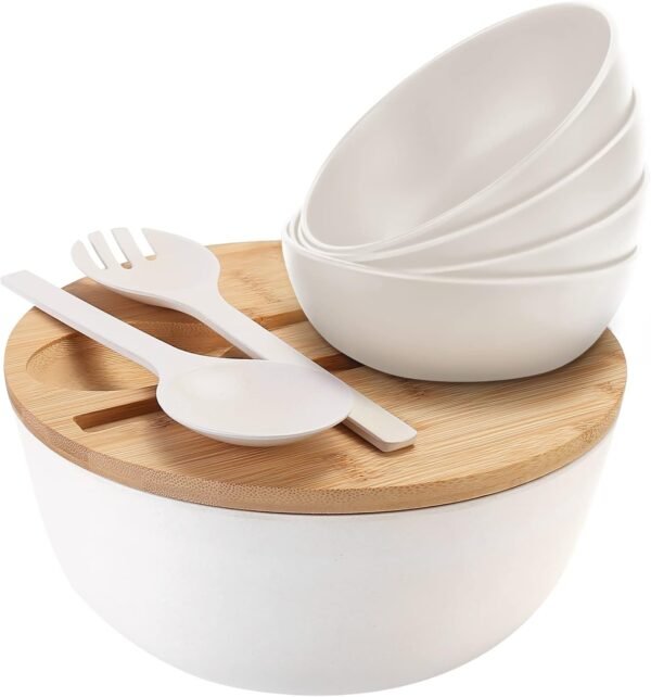 ShineMe Salad Bowl Set, 9.8inches Large Salad Bowl with Lid, Bamboo Salad Serving Bowl with 4pack Small Serving Bowls and Servers(Fork & Spoon) for Mixing Salad, Vegetables and Pasta(White)
