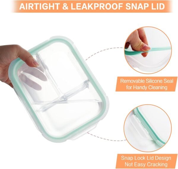Bayco 9 Pack Glass Meal Prep Containers 3 & 2 & 1 Compartment, Glass Food Storage Containers with Lids, Airtight Glass Lunch Bento Boxes, BPA-Free & Leak Proof (9 lids & 9 Containers) - Image 3