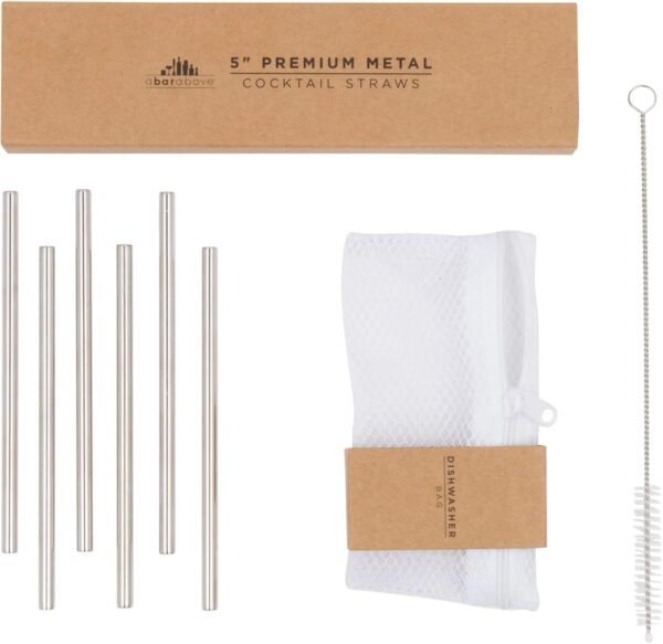 A Bar Above Short Cocktail Straws – Stainless Steel Straws – Metal Straws Reusable Set w/Straw Cleaner Brush & Dishwasher Bag – Reusable Straws for Drinking & Stirring (Set of 6)