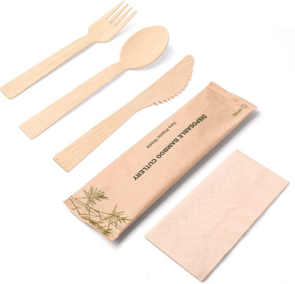 Bamboo Utensils with Napkin-58 Pack Individually Wrapped (6.7" 58 Forks 58 spoons 58 Knives 58 Napkins) Disposable Bamboo Cutlery Travel Set Compostable Biodegradable Fork Knife Spoon and Napkin - Image 2