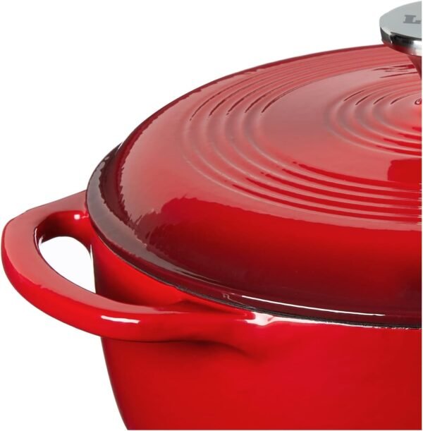 Lodge 4.5 Quart Enameled Cast Iron Dutch Oven with Lid – Dual Handles – Oven Safe up to 500° F or on Stovetop - Use to Marinate, Cook, Bake, Refrigerate and Serve – Island Spice Red - Image 8