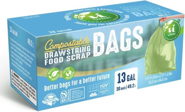 UNNI Compostable Drawstring Bags, 13 Gallon, 49.2 Liter, 30 Count, Heavy Duty 1 Mil, Tall Kitchen Food Scrap Waste Bags with Drawstring Handle, ASTM D6400, US BPI, CMA & Europe OK Compost Certified - Image 6