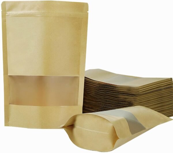 100 PCS Resealable Bags, Stand Up Kraft Paper Bags with Matte Window, Zipper Lock Food Storage Bags for Small Business and Home, 5.51 * 7.87 Inch Reusable Sealable Bags for Packaging