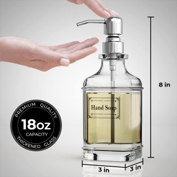 GLADPURE Soap Dispenser - 2 Pack, 18 Oz Antique Design Thick Glass Hand Soap Dispensers; with 304 Rust Proof Stainless Steel Pump, 6Pcs Clear Stickers, for Kitchen, Bathroom - Silver - Image 4