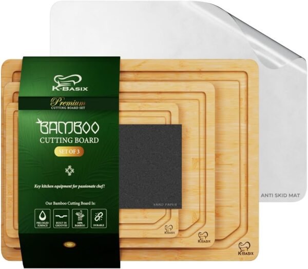 KBASIX 3-Piece Bamboo Cutting Boards Set for Kitchen, Thick Cutting Boards with Juice Grooves and Easy Grip Handle, Pre-oiled Bamboo Chopping Board Set for Meat, Veggies,fruits - With Anti Skid Mat