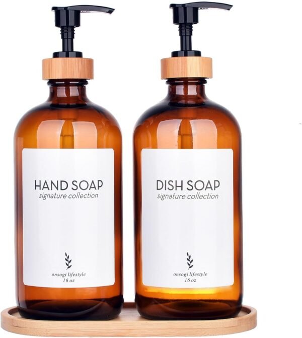16 Oz Amber Glass Soap Dispenser with Bamboo Tray, Hand Soap Dispenser | Dish Soap Dispenser for Bathroom Set Accessories, Kitchen Counter Farmhouse Boho Decor and Organization - 2 Pack