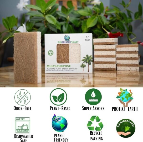 THE GREATER PLANET- Natural Kitchen Sponges, Eco Friendly Cleaning sponges-Multipurpose Wood Cellulose Scrub sponges-10 Pack Biodegradable Organic Kitchen Dish Sponge Cleaning Earth Friendly Sponge. - Image 4