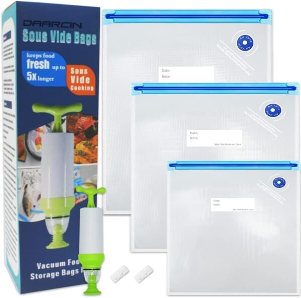 3 Size 40pcs Sous Vide Bags BPA Free Reusable Vacuum Sealer Bags Kit Keep Food Flesh with 1 Vacuum Hand Pump and 2 Sealing Clips