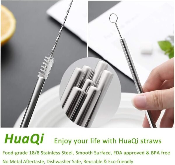 Set of 10 Stainless Steel Straws, HuaQi Straight Reusable Straight Drinking Straws 10.5'' Long 0.24‘’ Dia for 30 oz Tumbler and 20 oz Tumbler, 2 Cleaning Brush Included - Image 2