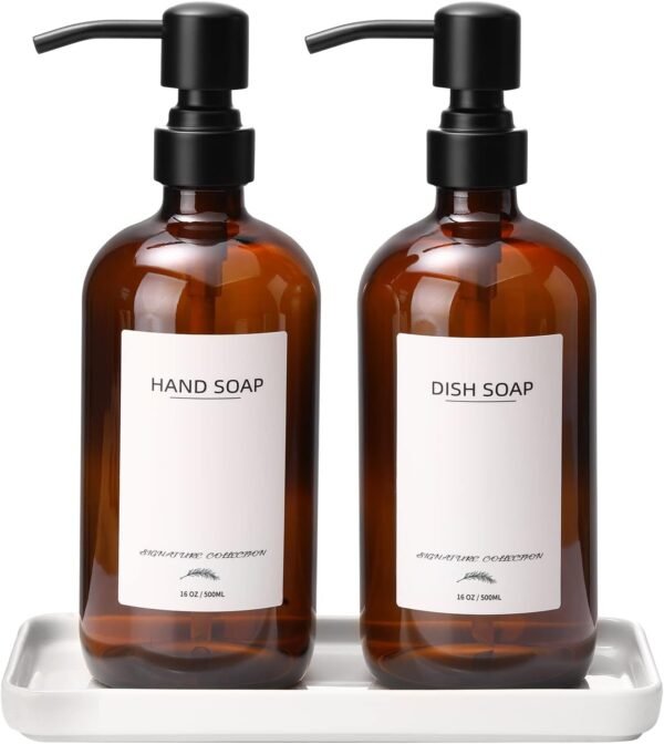 Glass Soap Dispenser with Ceramic Tray and Stainless Steel Pump, Kitchen Soap Dispenser Set with 12 Waterproof Labels, Dish Soap and Hand Soap Dispenser for Kitchen Bathroom Farmhouse