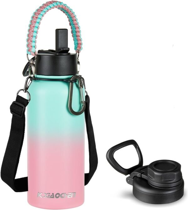 40 oz Insulated Water Bottle with Paracord Handles & Strap, 2 Lids(Straw Lid&Spout Lid), Stainless Steel Reusable Wide Mouth Metal Water Bottle With Straw, Double Walled, Thermo Mug(Rubber Pink) - Image 9