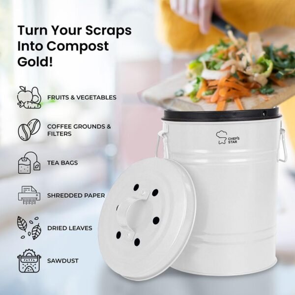 Chef's Star Countertop Compost Bin for Kitchen, Indoor Compost Bin for Kitchen Counter, Small Composter for Kitchen Counter, with Charcoal Filter, Airtight Lid, 0.8 Gallon Compost Pail, White - Image 2