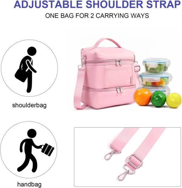 NOL Natural Organic Lifestyle Dual Compartment Insulated Lunch Bag Leakproof Cooler Tote Bag for Adults Lightweight Nylon Waterproof Lunch Box with Adjustable Shoulder Strap for Work, Pink - Image 4