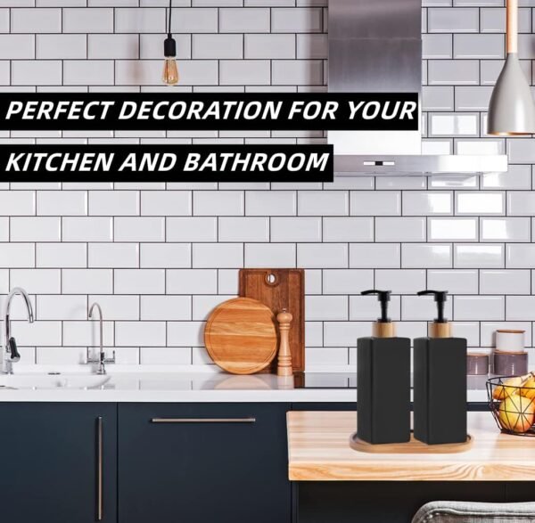 Matt Black Soap Dispenser Set, Harcure 2 Pack Glass Soap Dispenser with Tray, 12 oz Hand and Dish Soap Dispenser Set for Kitchen Bathroom, Refillable Liquid Lotion Dispenser Square (Black) - Image 8
