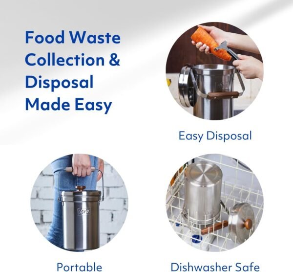 Vatya Stainless Steel Kitchen Compost Bin - NO Filter Countertop Composter, Composting Bucket, Counter Top Small Indoor Food Waste Container with Lid, Odorless Stainless Steel Pail, Small 0.5 Gallon - Image 4
