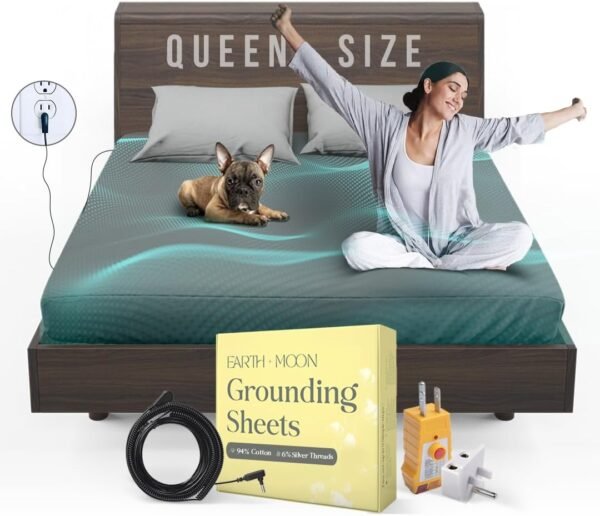 Earth and Moon Grounding Sheets Queen Size 60x80x15, Soft & Comfortable Fitted Bed Sheet for Restful Sleep, Reduce Pain, Fatigue, Stress, Madew/Organic Cotton & Pure Silver Fiber, Fits Deep Mattress