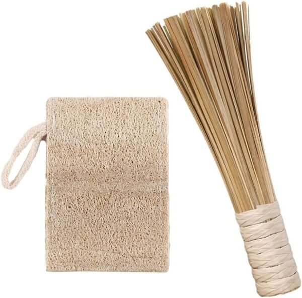 Natural Bamboo Wok Brushes+Natural Dish Sponge,Cast Iron Skillet Scrubber,Loofah Plant-Based Dishwashing Scrubber, Cleaning Brush for Cleaning Dishes,Iron Pots,Vegetables and Sink
