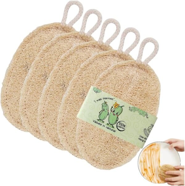 Loofah Sponge Dishwashing Brush,5-Piece Set,Suitable for Kitchen Cleaning dishwashing and Bathroom Cleaning Soft and Natural luffa,100% Plastic-Free Loofah,Plant-Based Dishwashing Scrubber