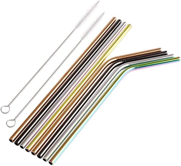 H&S Reusable Metal Straws for Drinking - 8pcs - Multi Colored Stainless Steel Straw Set - With Cleaner Brush & Pouch - Image 2