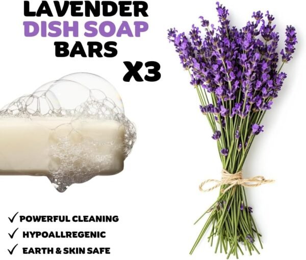Lavender Hypoallergenic Dish Soap Bar - Organic - Pack of 3, Skin-Safe, Non-Toxic, Sustainable Kitchen Soap - Zero Waste - Image 2