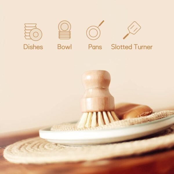 2 Pack Bamboo Dish Scrub Brush, Natural Sisal Dish Washing Brush, Round Natural Dish Scrubber for Cast Iron Pots, Pans, Kitchen Sink, and Vegetable(Sisal + Palm Bristles) - Image 4