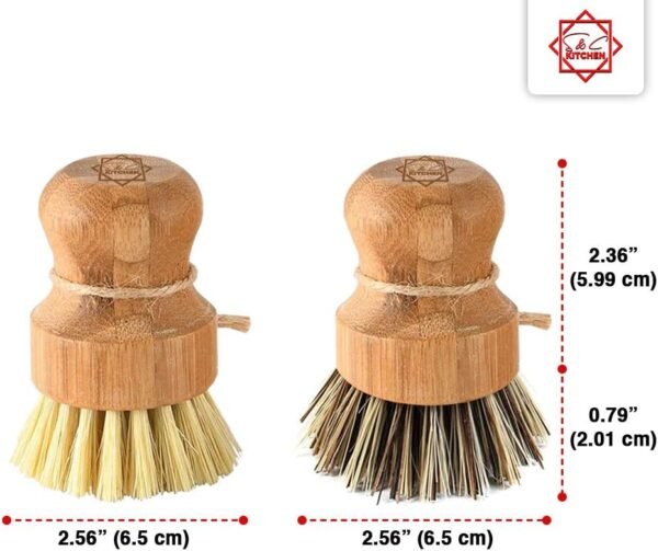 Dish Scrub Brush Bamboo - S&C Kitchen, Cleans Pan/Vegetable/Dishes/Wok, Bamboo Scrub Brush for Kitchen/Bathroom, Made Out of Palm & Sisal Bristles with a Handle, Vegetable Brush for Cleaning, Set of 2 - Image 2