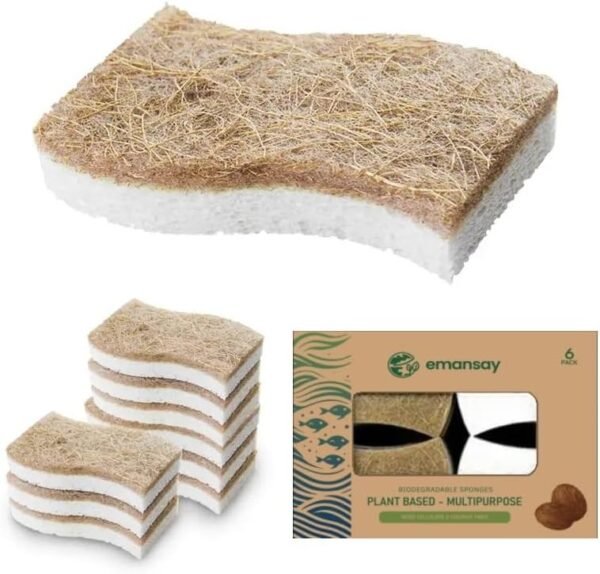 Eco Friendly Scrubbing Sponge, 6-Pack, Biodegradable, All Natural, Plant Based Kitchen and Bath, Multi-Surface Scrubber Sponge