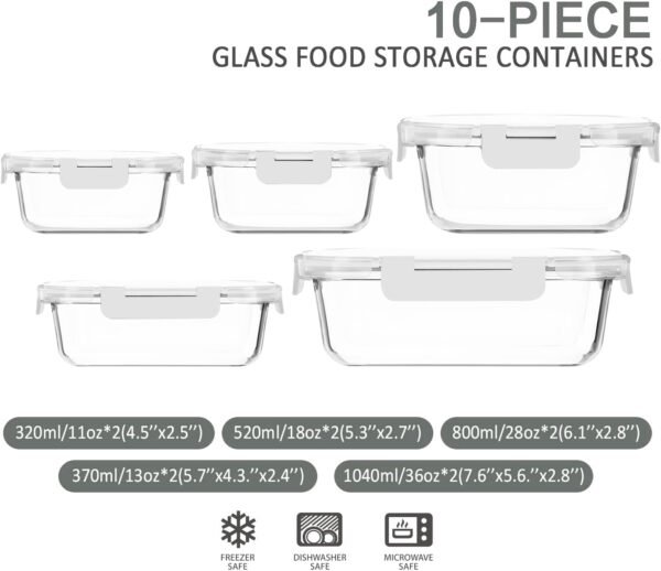 M MCIRCO 10-Pack Glass Food Storage Container with Lids, Airtight Glass Lunch Bento Boxes, Glass Meal Prep Container,Microwave, Oven, Freezer and Dishwasher Friendly, White - Image 2