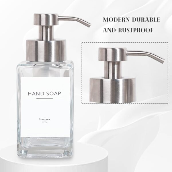 Foaming Soap Dispenser with Stainless Steel Pump, 12oz Refillable Glass Liquid Dish Soap Bottles for Bathroom, Kitchen Sink, Home Decor - Image 4